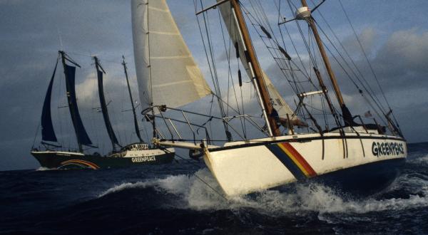 Die Vega und die Rainbow Warrior II Seite an Seite vor Mejato, Marshall-Inseln 1991